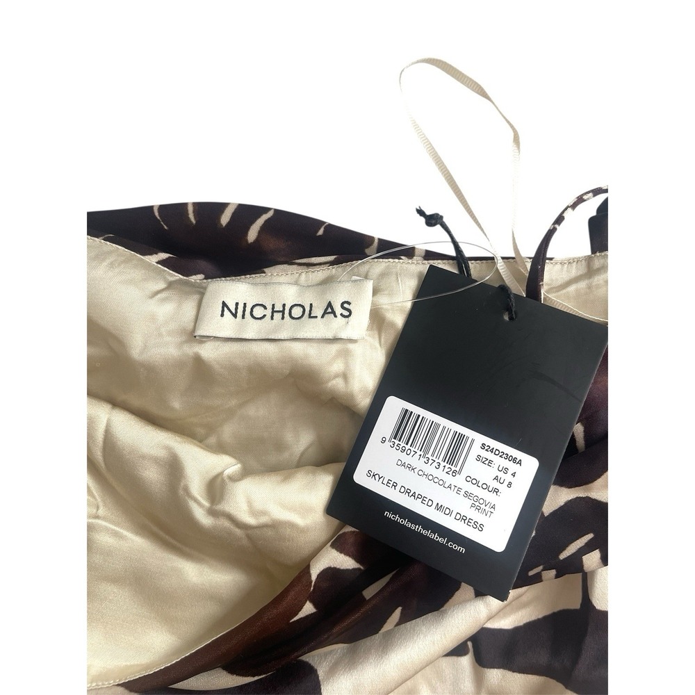 NWT Nicholas Chocolate Brown Skyler Draped Satin Midi Dress Sz 4 Tropical Resort - Picture 11 of 15